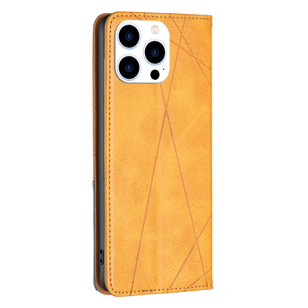 Uniqkart for iPhone 15 Pro Imprinted Line Cell Phone Case Stand Card Holder Shell Leather Phone Cover - Yellow Uniqkart for iPhone 15 Pro Imprinted Line Cell Phone Case Stand Card Holder Shell Leather Phone Cover - Yellow